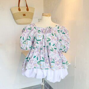 🌸 Purple Floral Puff Sleeve Blouse Top
